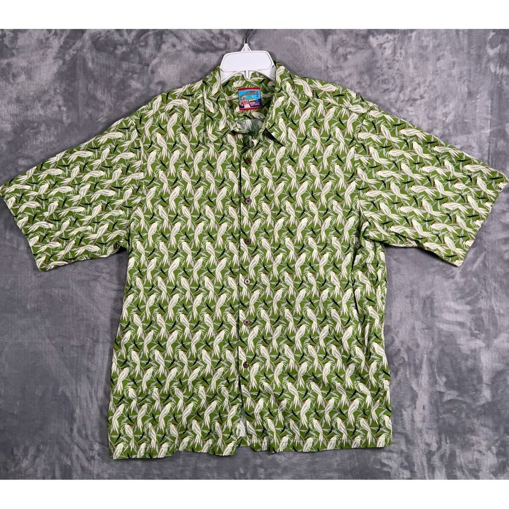 Reyn Spooner Green Hawaiian Shirt Mens XL Bird Tropical Pocket Button Up